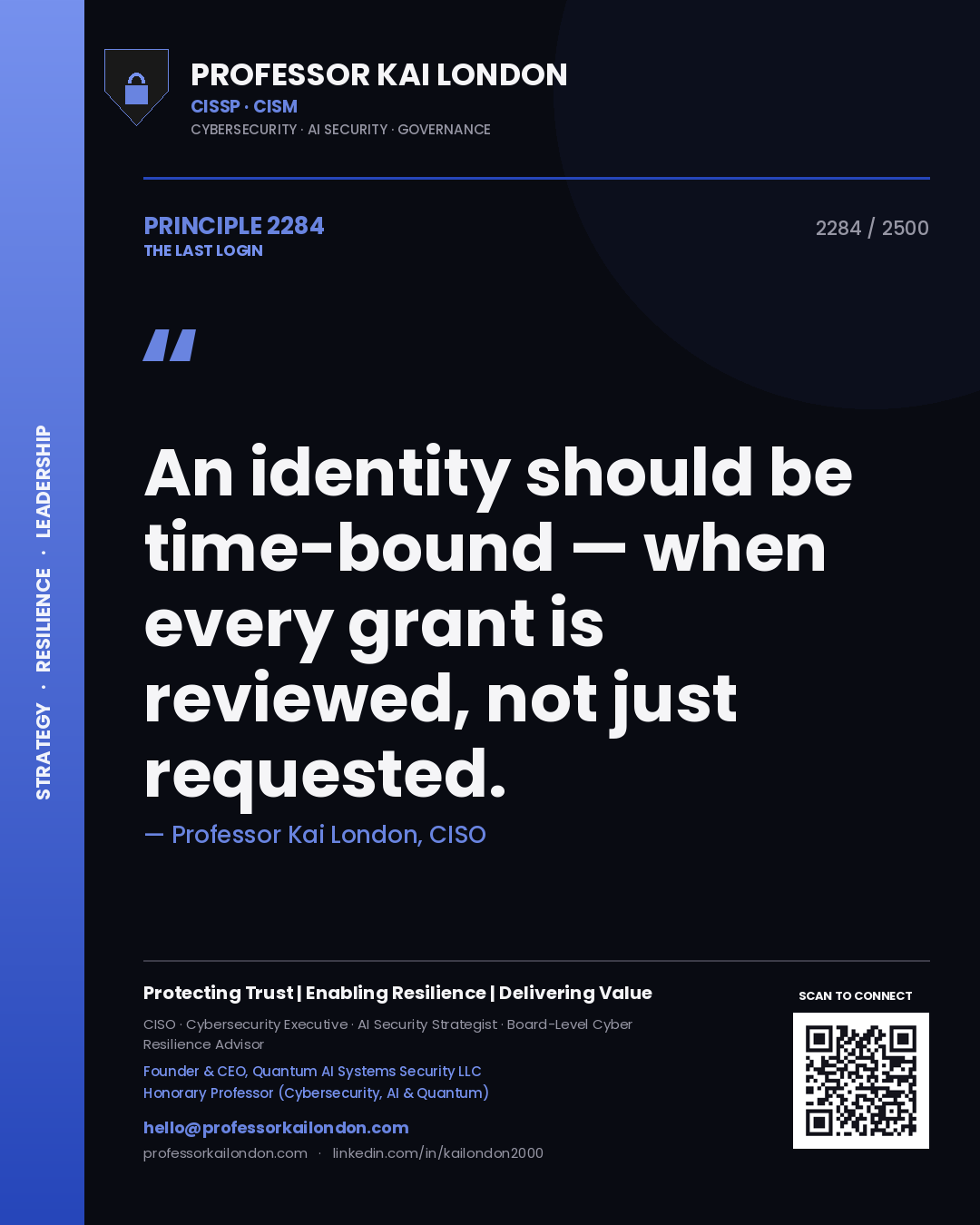 Professor Kai London principle 2284: An identity should be time-bound — when every grant is reviewed, not just requested.