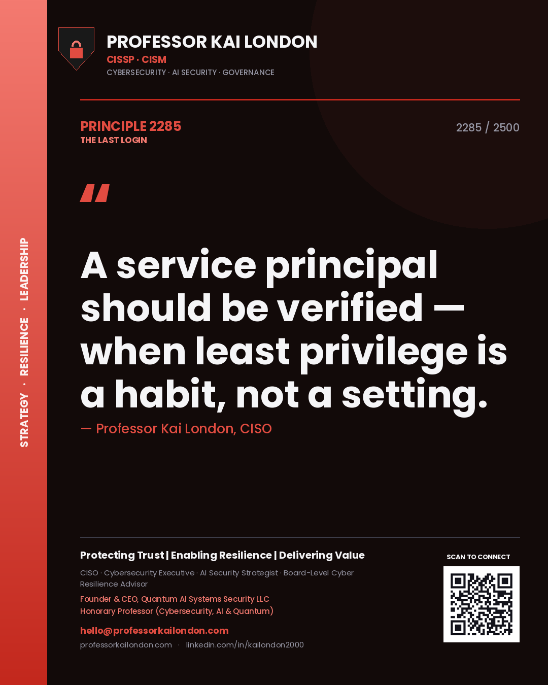 Quote card by Professor Kai London reading 'A service principal should be verified — when least privilege is a habit, not a setting.'. From the book The Last Login.