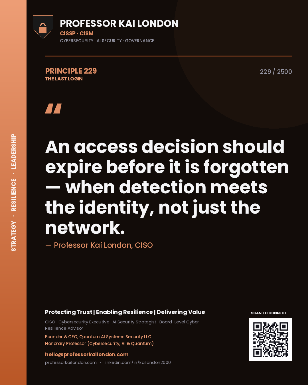 Professor Kai London principle 229: An access decision should expire before it is forgotten — when detection meets the identity, not just the network.