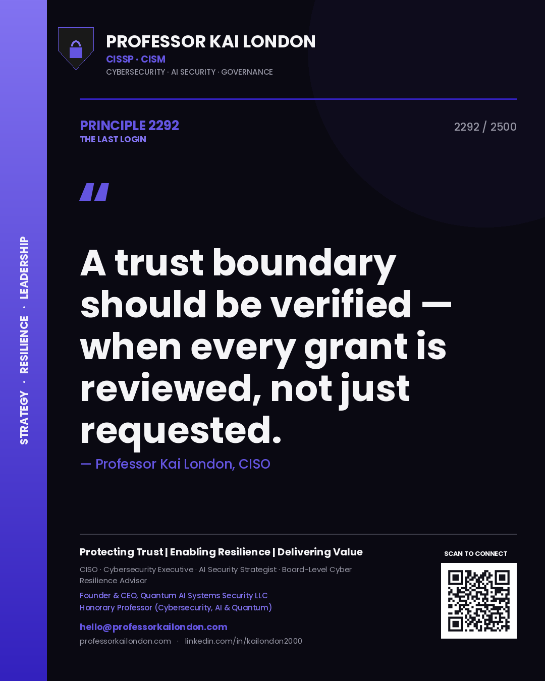 Professor Kai London principle 2292: A trust boundary should be verified — when every grant is reviewed, not just requested.