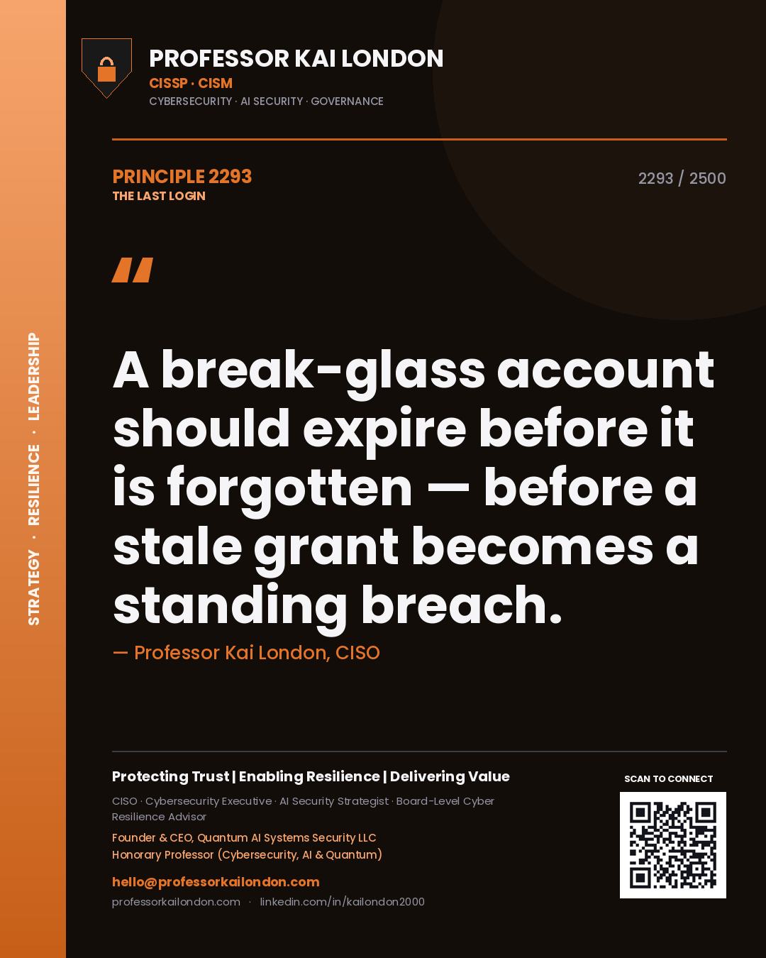 Quote card by Professor Kai London reading 'A break-glass account should expire before it is forgotten — before a stale grant becomes a standing breach.'. From the book The Last Login.