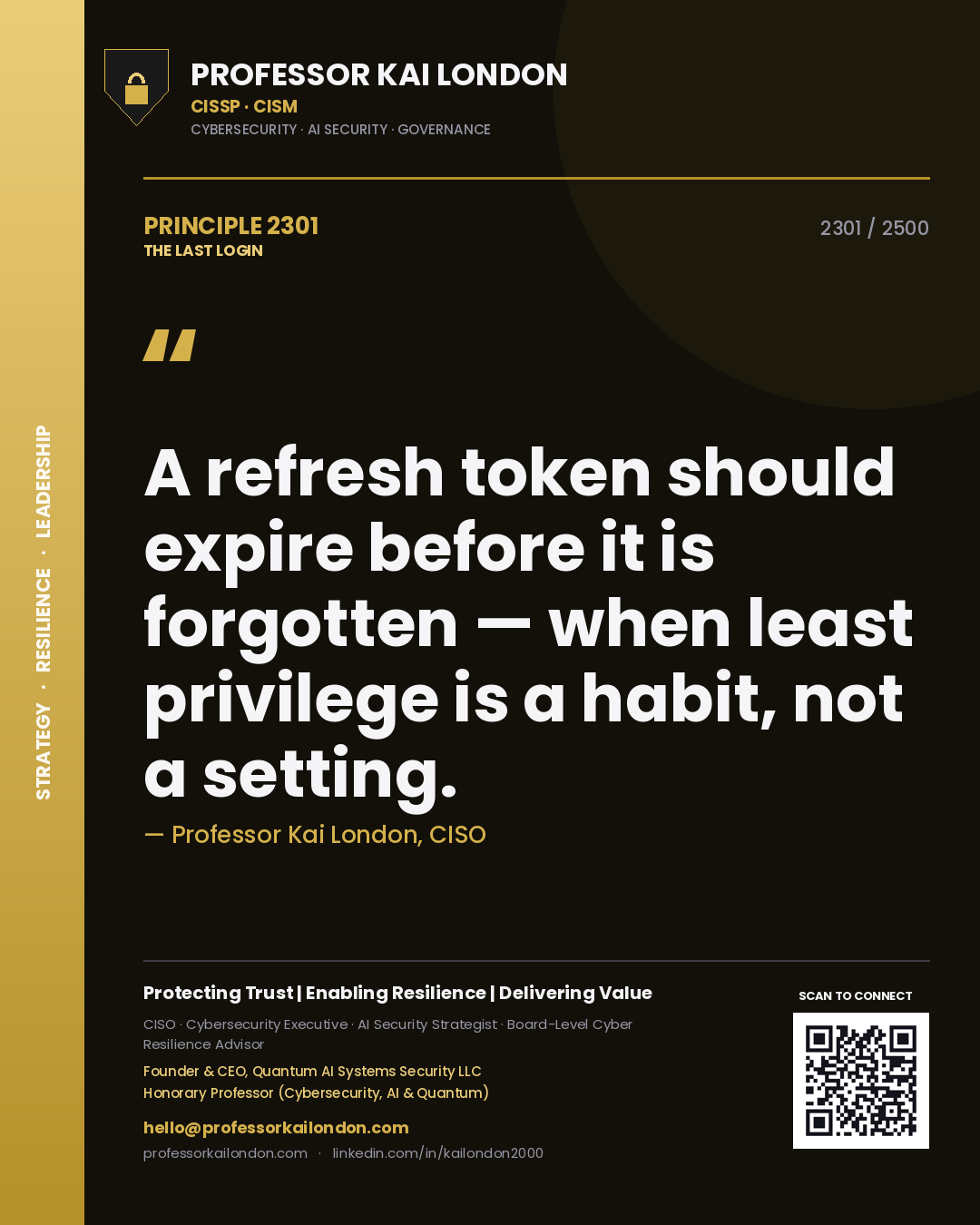 Professor Kai London principle 2301: A refresh token should expire before it is forgotten — when least privilege is a habit, not a setting.