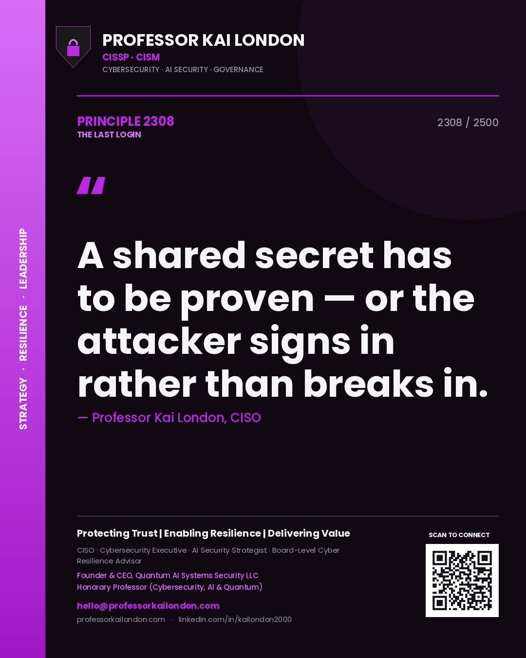 Quote card by Professor Kai London reading 'A shared secret has to be proven — or the attacker signs in rather than breaks in.'. From the book The Last Login.