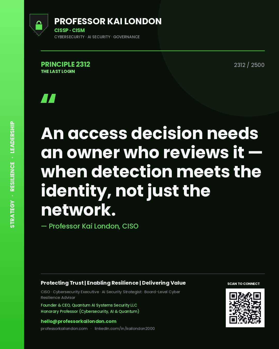 Professor Kai London principle 2312: An access decision needs an owner who reviews it — when detection meets the identity, not just the network.