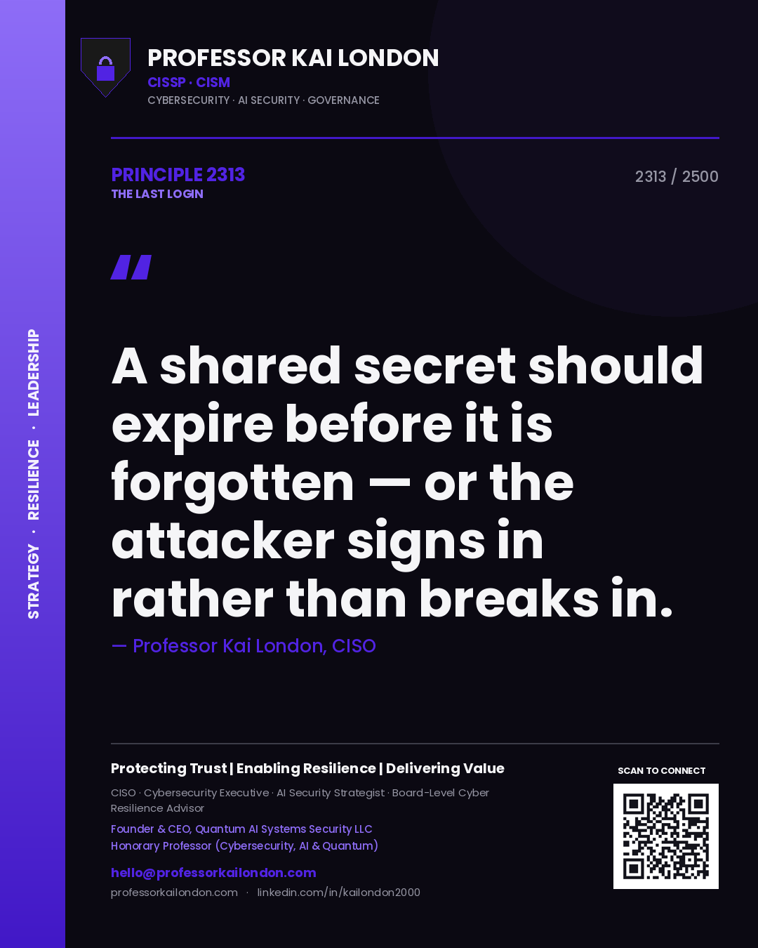 Professor Kai London principle 2313: A shared secret should expire before it is forgotten — or the attacker signs in rather than breaks in.
