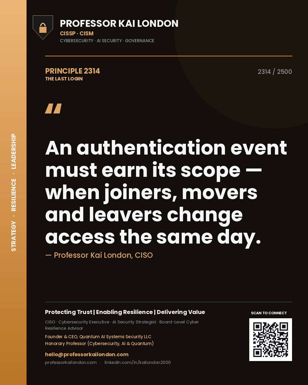 Professor Kai London principle 2314: An authentication event must earn its scope — when joiners, movers and leavers change access the same day.