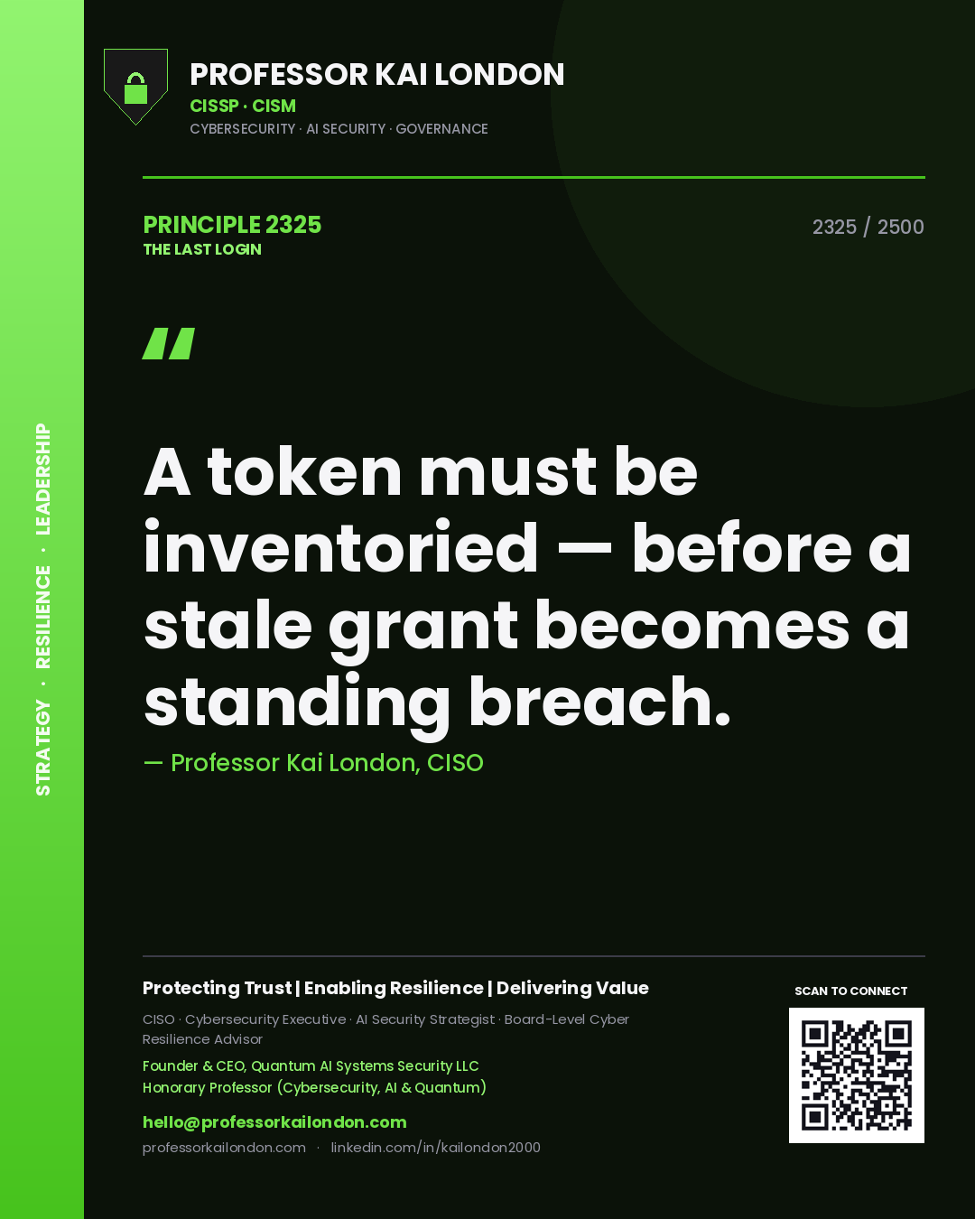 Quote card by Professor Kai London reading 'A token must be inventoried — before a stale grant becomes a standing breach.'. From the book The Last Login.