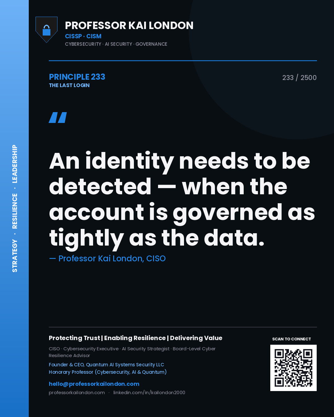 Quote card by Professor Kai London reading 'An identity needs to be detected — when the account is governed as tightly as the data.'. From the book The Last Login.