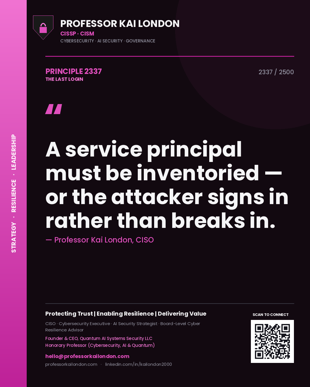 Professor Kai London principle 2337: A service principal must be inventoried — or the attacker signs in rather than breaks in.