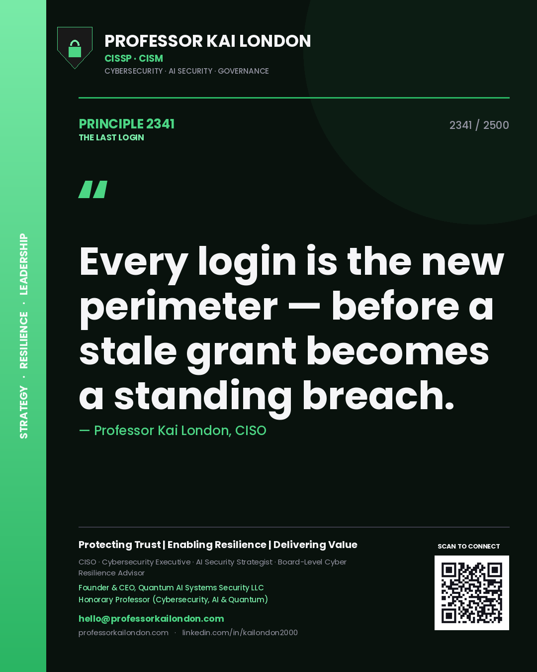 Quote card by Professor Kai London reading 'Every login is the new perimeter — before a stale grant becomes a standing breach.'. From the book The Last Login.