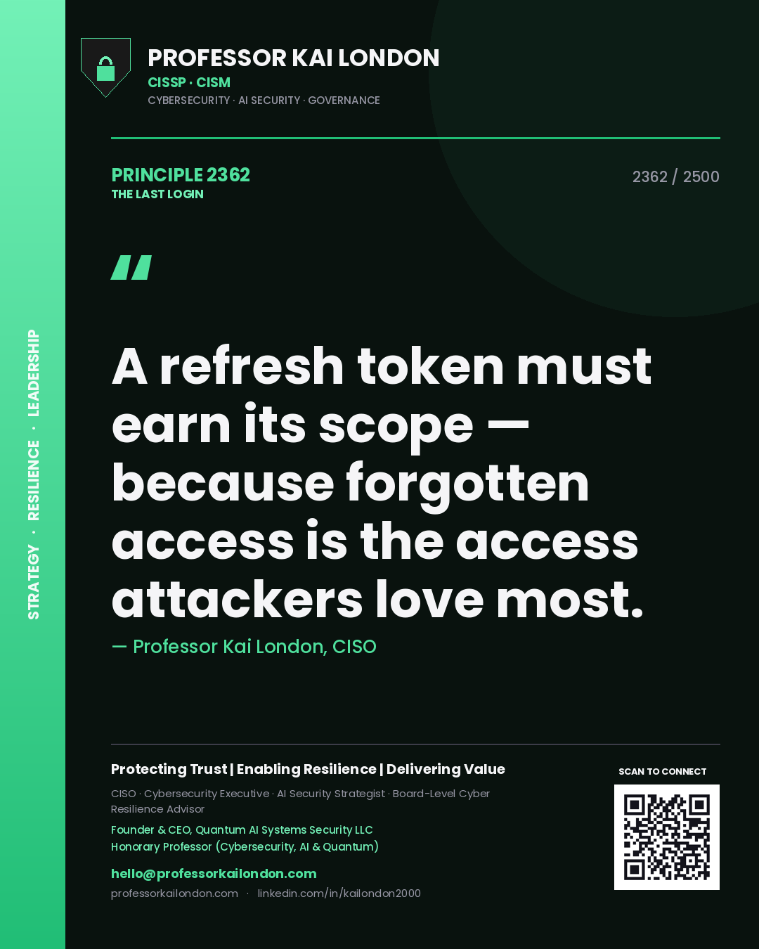 Quote card by Professor Kai London reading 'A refresh token must earn its scope — because forgotten access is the access attackers love most.'. From the book The Last Login.