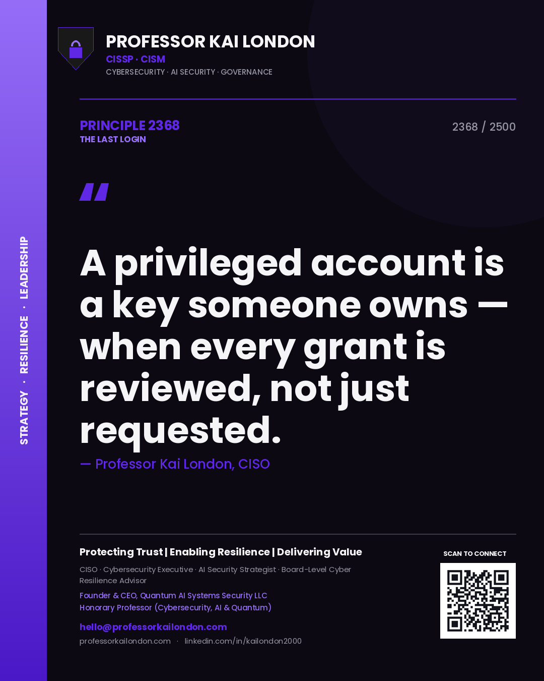 Quote card by Professor Kai London reading 'A privileged account is a key someone owns — when every grant is reviewed, not just requested.'. From the book The Last Login.