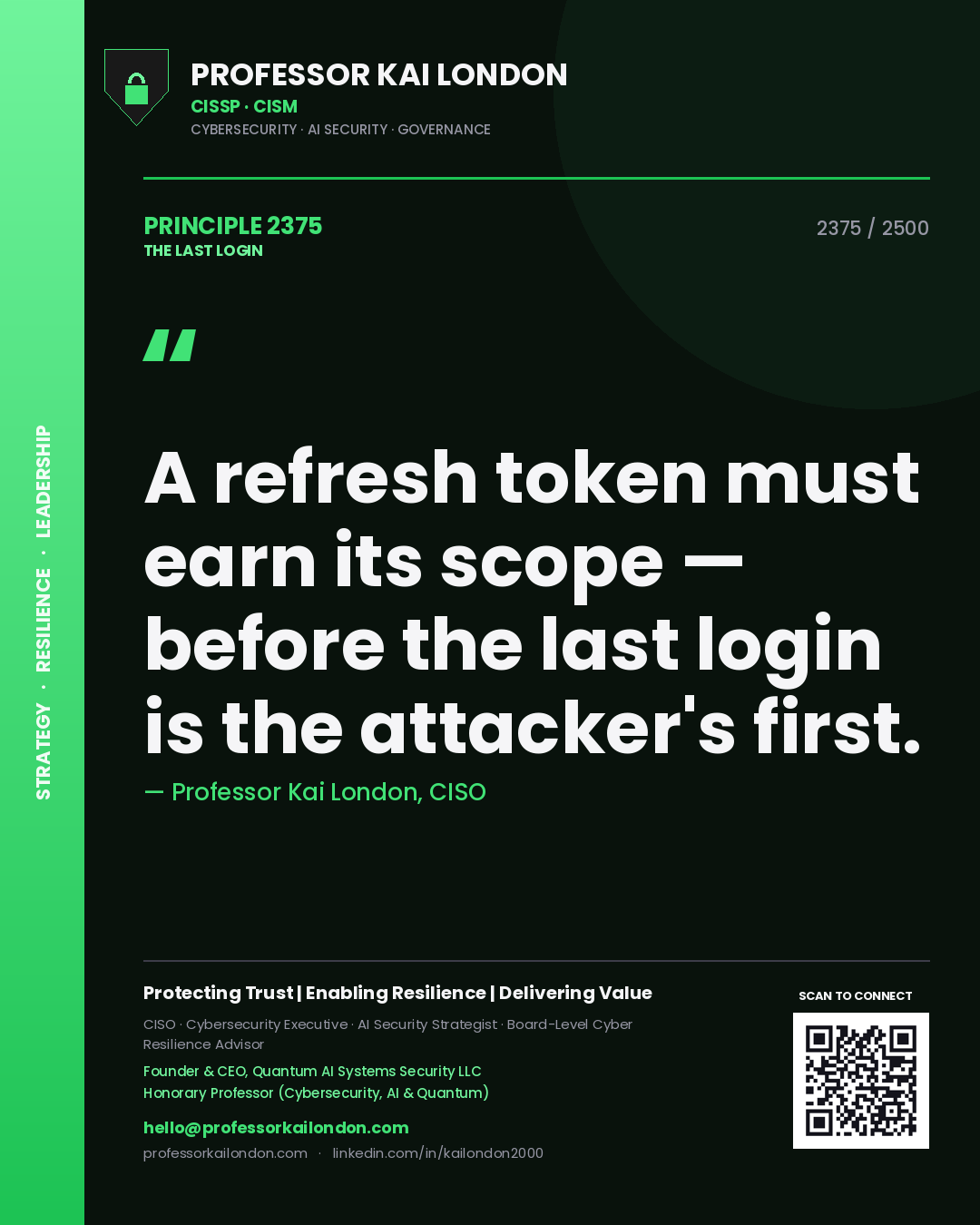 Quote card by Professor Kai London reading 'A refresh token must earn its scope — before the last login is the attacker's first.'. From the book The Last Login.