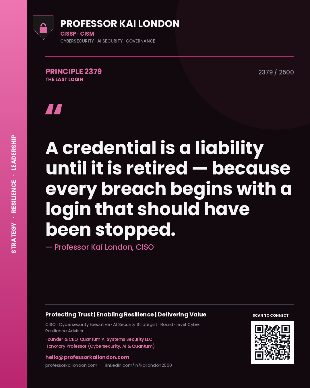 Quote card by Professor Kai London reading 'A credential is a liability until it is retired — because every breach begins with a login that should have been stopped.'. From the book The Last Login.