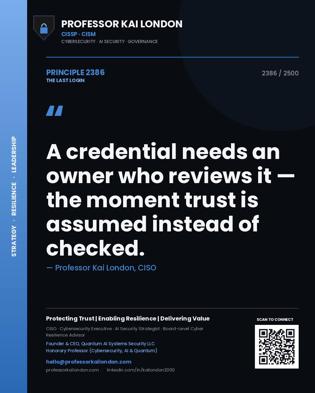 Professor Kai London principle 2386: A credential needs an owner who reviews it — the moment trust is assumed instead of checked.