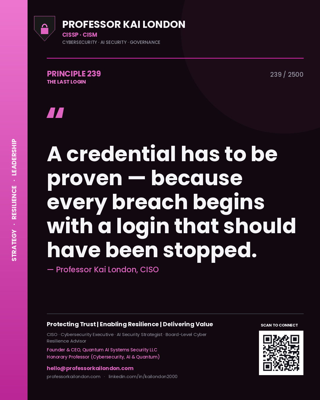Quote card by Professor Kai London reading 'A credential has to be proven — because every breach begins with a login that should have been stopped.'. From the book The Last Login.