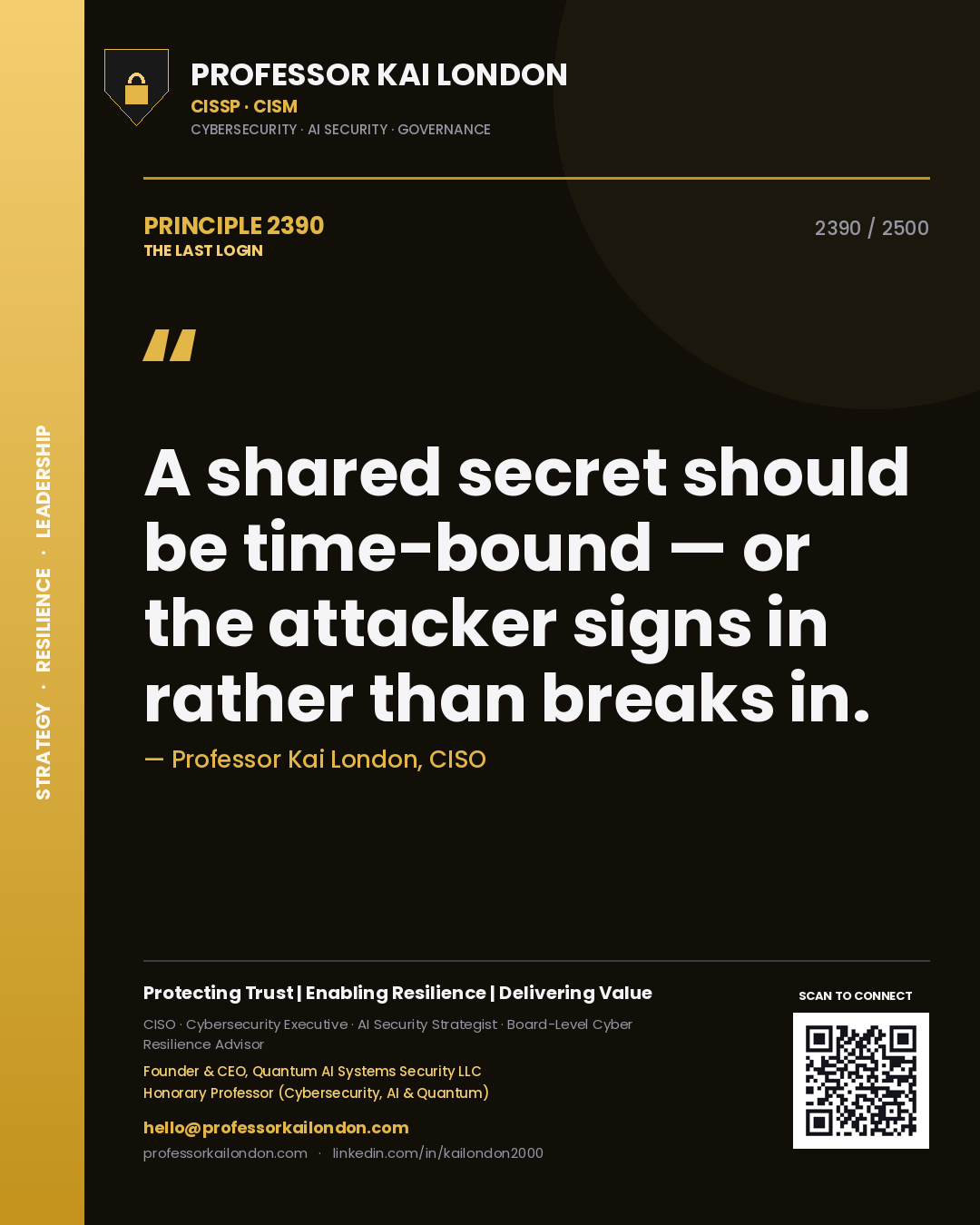 Professor Kai London principle 2390: A shared secret should be time-bound — or the attacker signs in rather than breaks in.