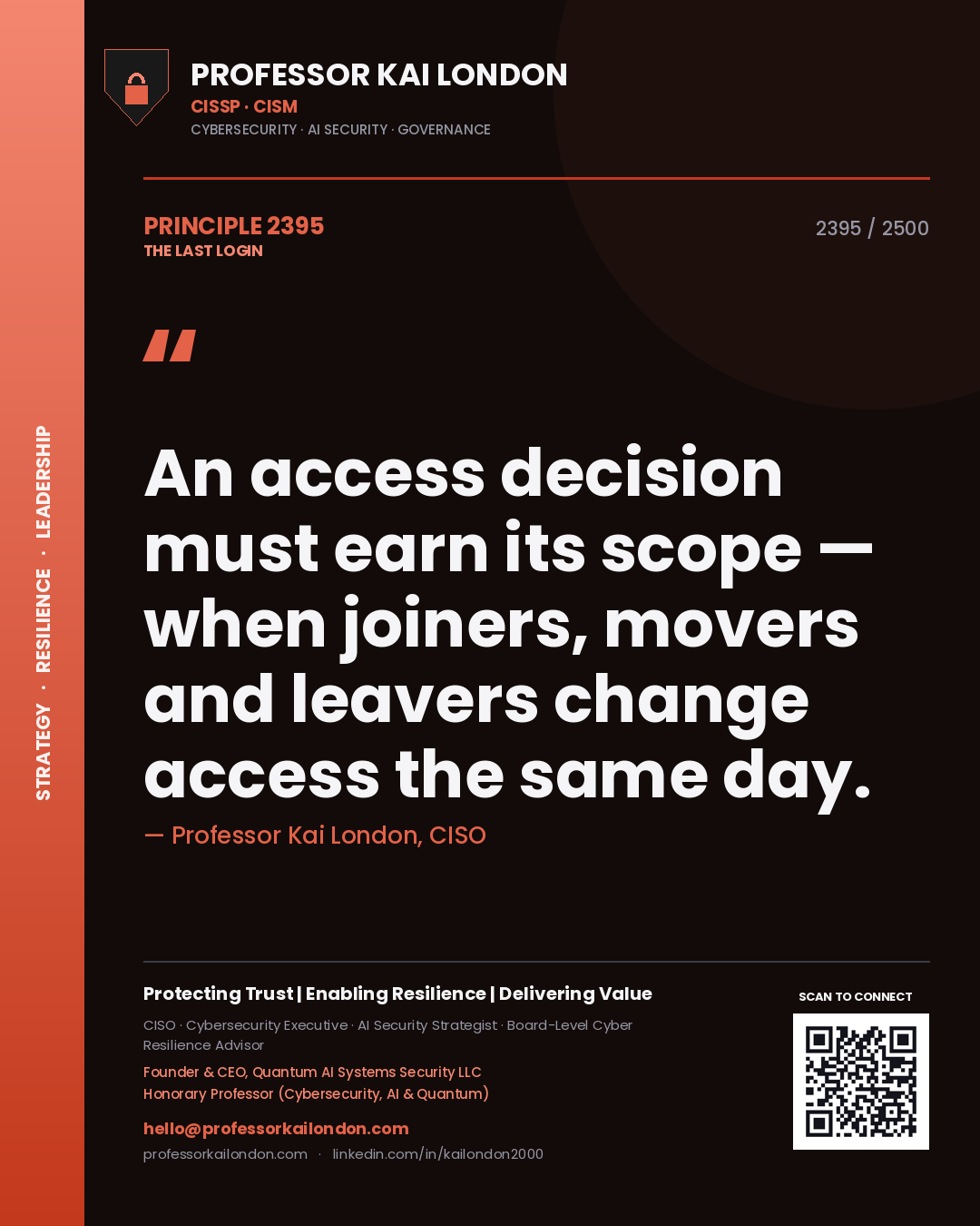 Quote card by Professor Kai London reading 'An access decision must earn its scope — when joiners, movers and leavers change access the same day.'. From the book The Last Login.