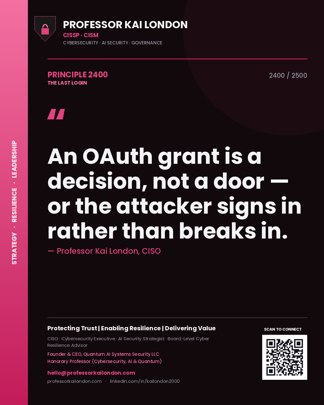 Professor Kai London principle 2400: An OAuth grant is a decision, not a door — or the attacker signs in rather than breaks in.