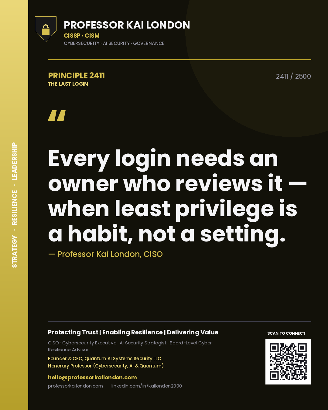 Professor Kai London principle 2411: Every login needs an owner who reviews it — when least privilege is a habit, not a setting.