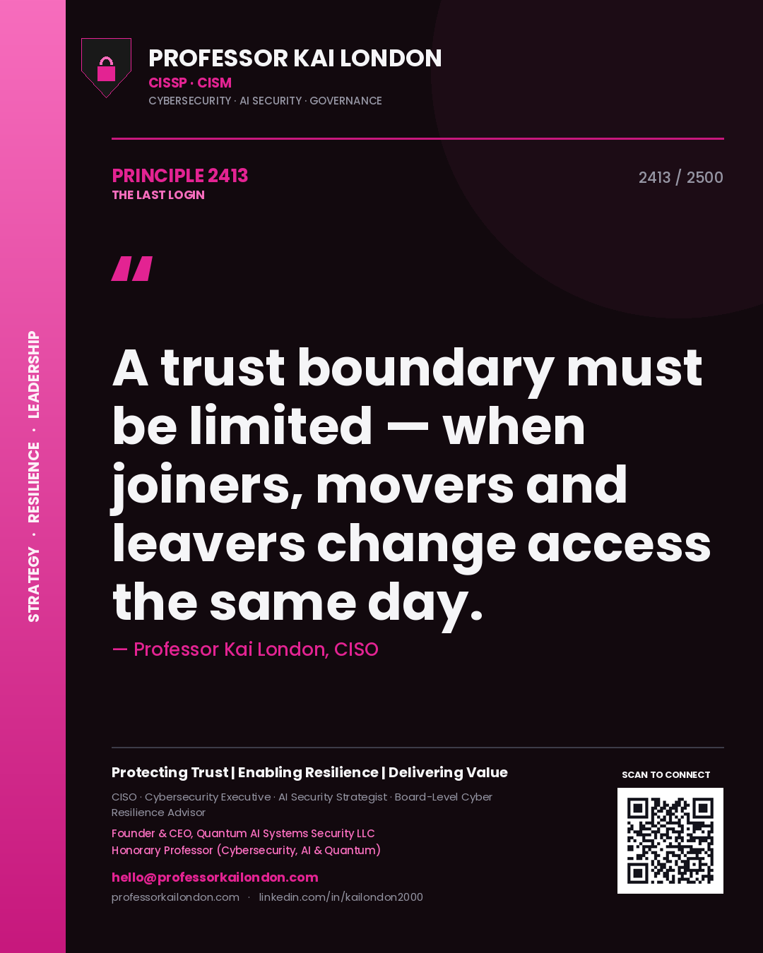 Quote card by Professor Kai London reading 'A trust boundary must be limited — when joiners, movers and leavers change access the same day.'. From the book The Last Login.
