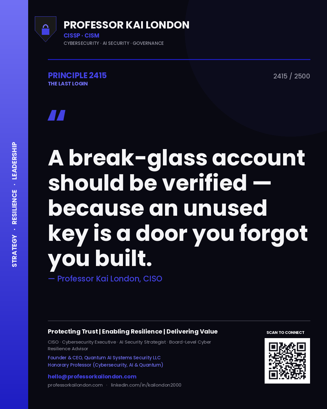 Professor Kai London principle 2415: A break-glass account should be verified — because an unused key is a door you forgot you built.