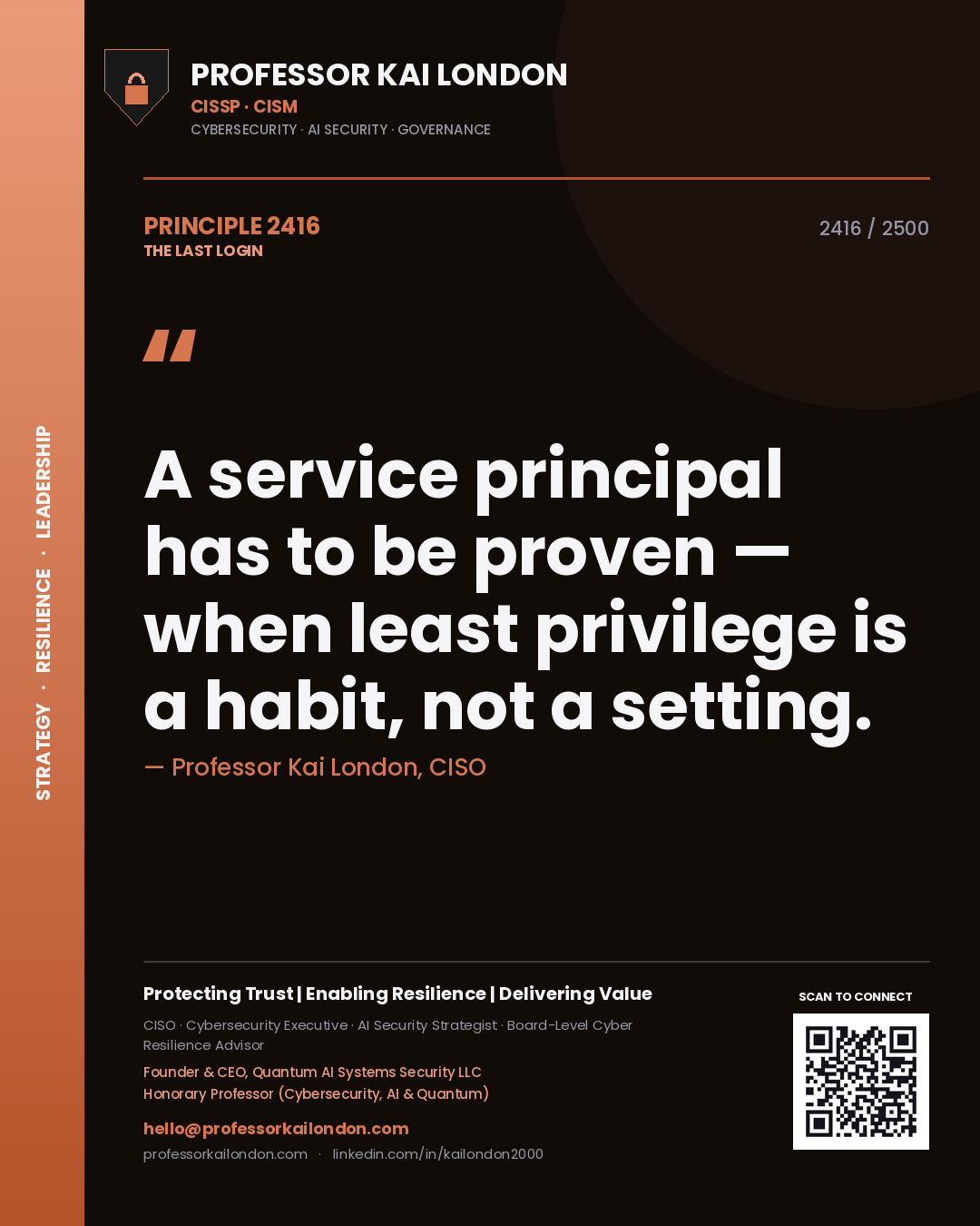 Professor Kai London principle 2416: A service principal has to be proven — when least privilege is a habit, not a setting.