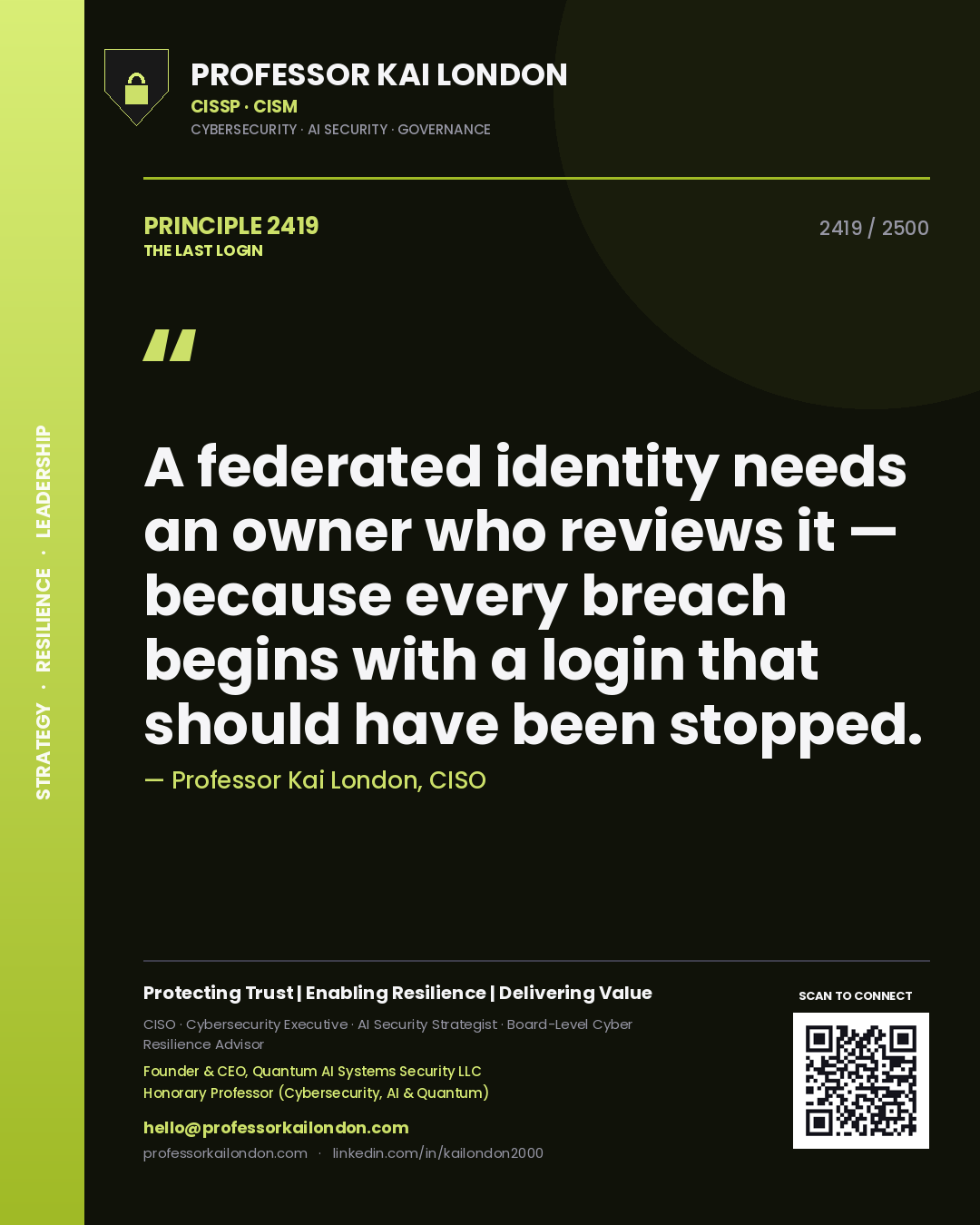 Quote card by Professor Kai London reading 'A federated identity needs an owner who reviews it — because every breach begins with a login that should have been stopped.'. From the book The Last Login.