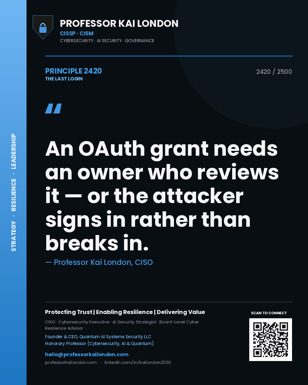 Professor Kai London principle 2420: An OAuth grant needs an owner who reviews it — or the attacker signs in rather than breaks in.