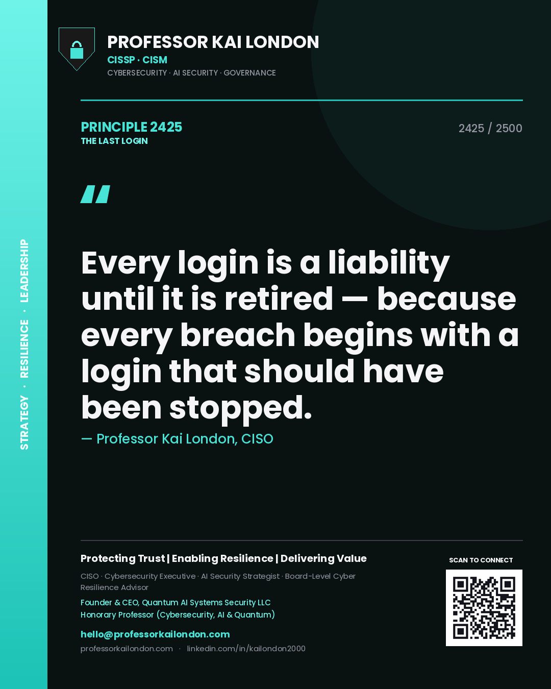 Professor Kai London principle 2425: Every login is a liability until it is retired — because every breach begins with a login that should have been stopped.