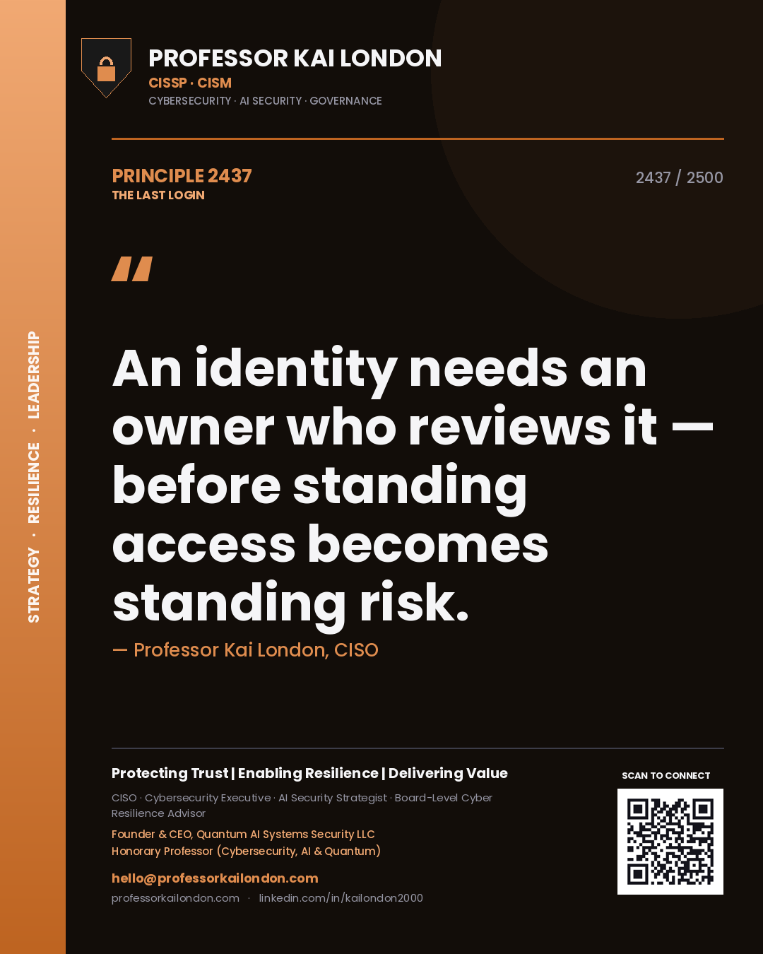 Quote card by Professor Kai London reading 'An identity needs an owner who reviews it — before standing access becomes standing risk.'. From the book The Last Login.
