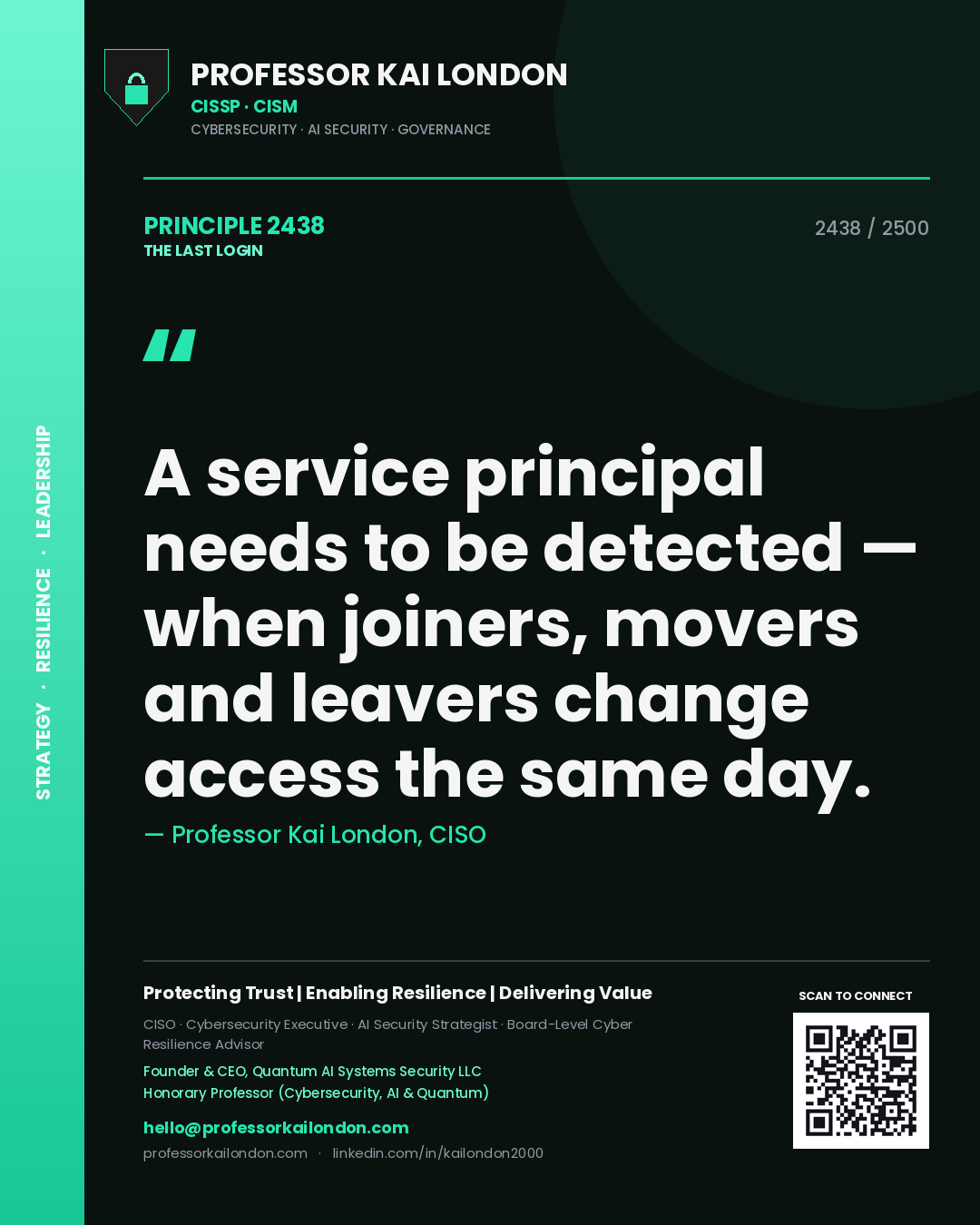 Quote card by Professor Kai London reading 'A service principal needs to be detected — when joiners, movers and leavers change access the same day.'. From the book The Last Login.