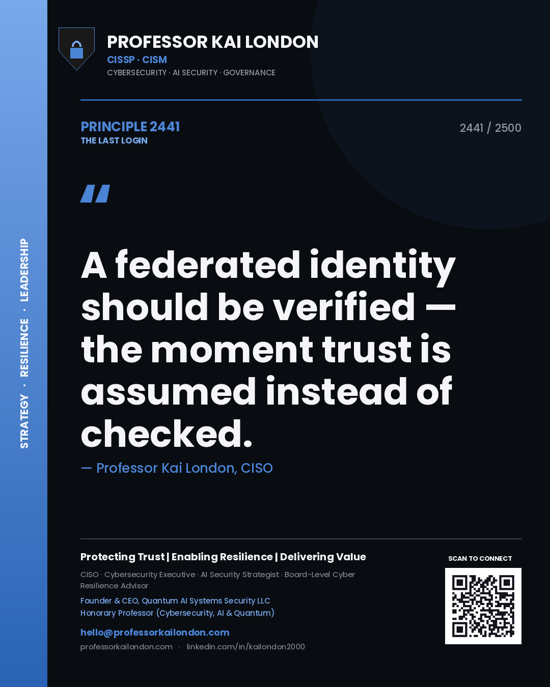 Professor Kai London principle 2441: A federated identity should be verified — the moment trust is assumed instead of checked.