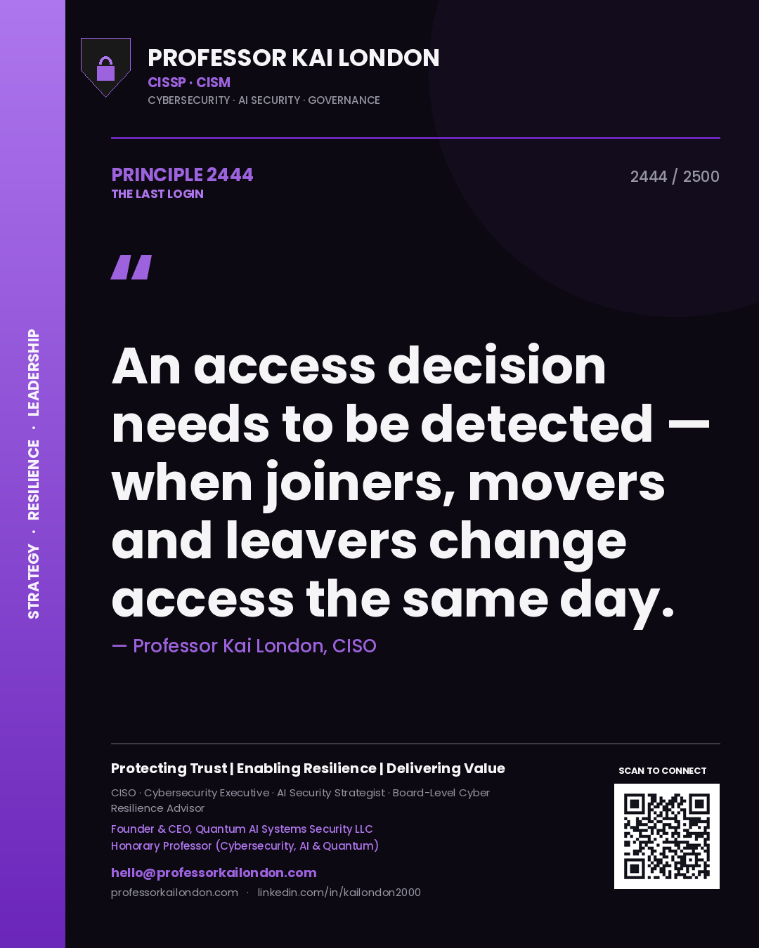 Professor Kai London principle 2444: An access decision needs to be detected — when joiners, movers and leavers change access the same day.