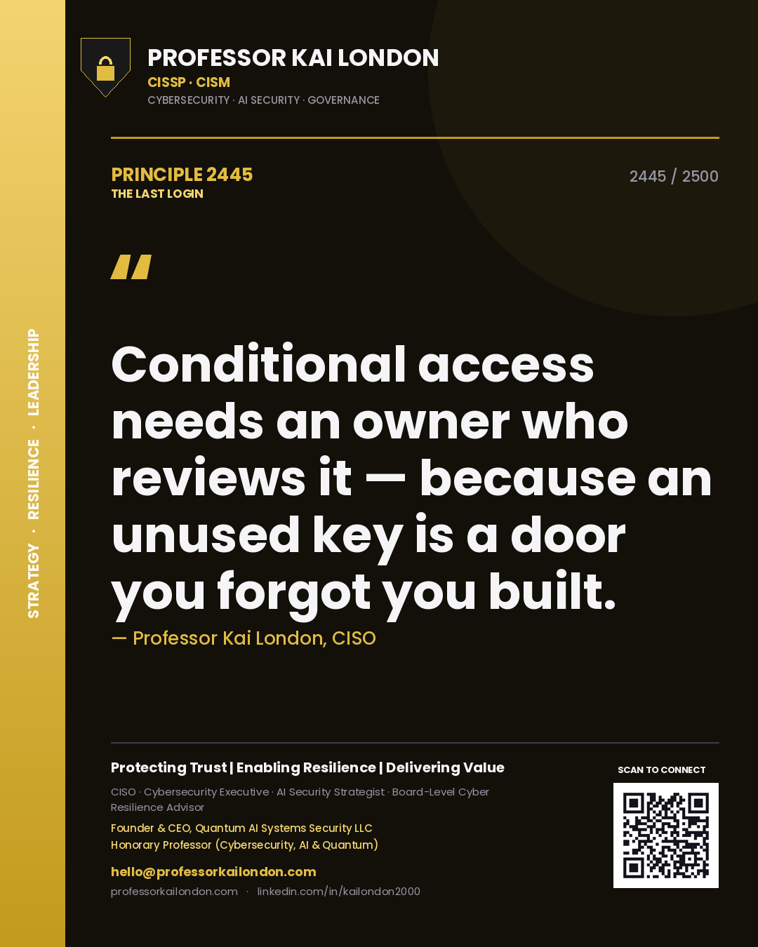 Quote card by Professor Kai London reading 'Conditional access needs an owner who reviews it — because an unused key is a door you forgot you built.'. From the book The Last Login.