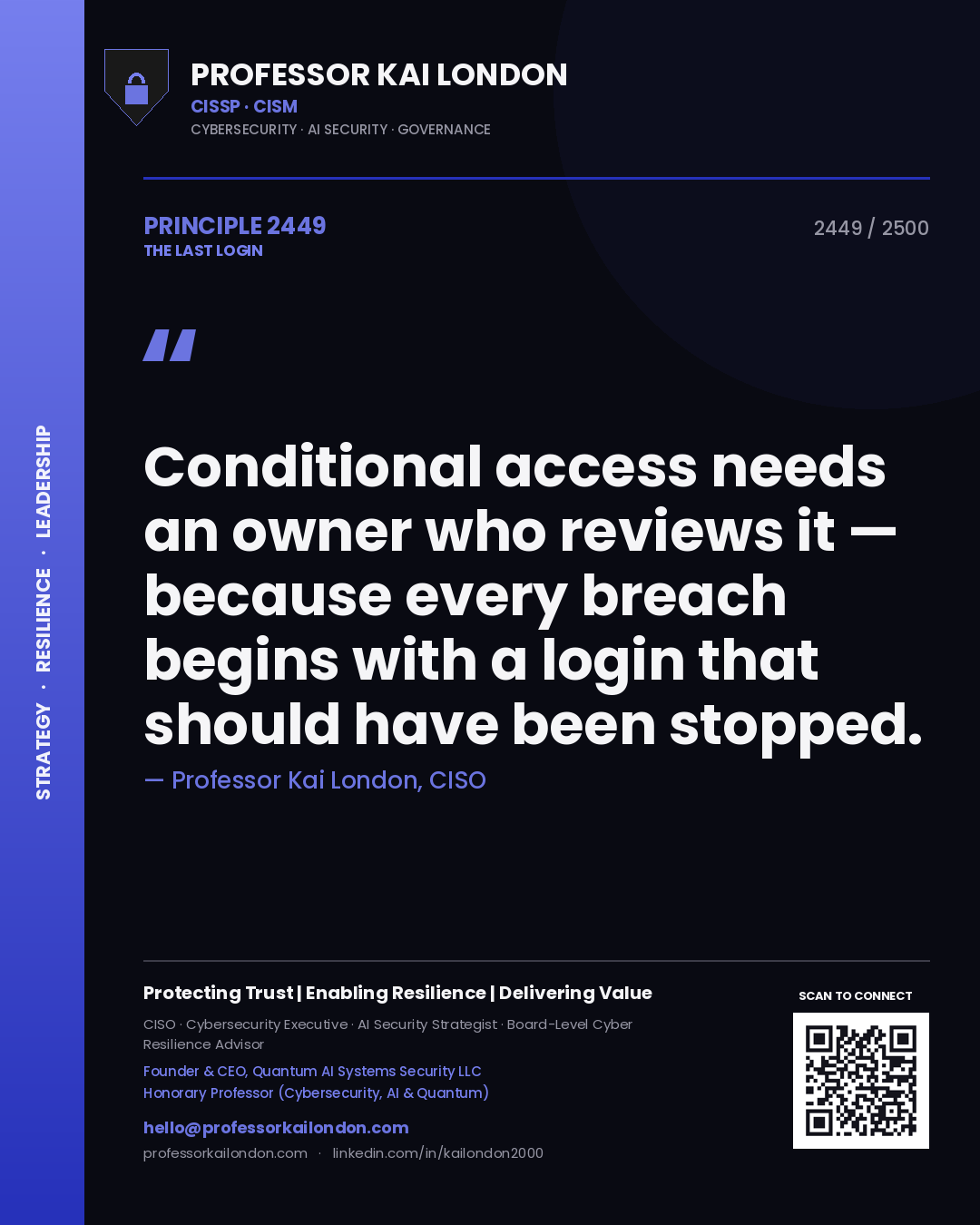 Professor Kai London principle 2449: Conditional access needs an owner who reviews it — because every breach begins with a login that should have been stopped.
