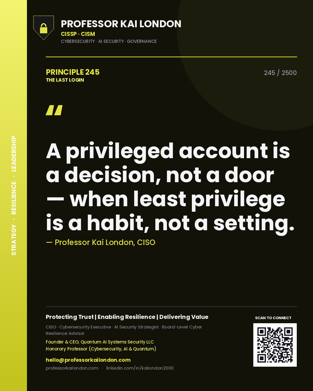 Quote card by Professor Kai London reading 'A privileged account is a decision, not a door — when least privilege is a habit, not a setting.'. From the book The Last Login.