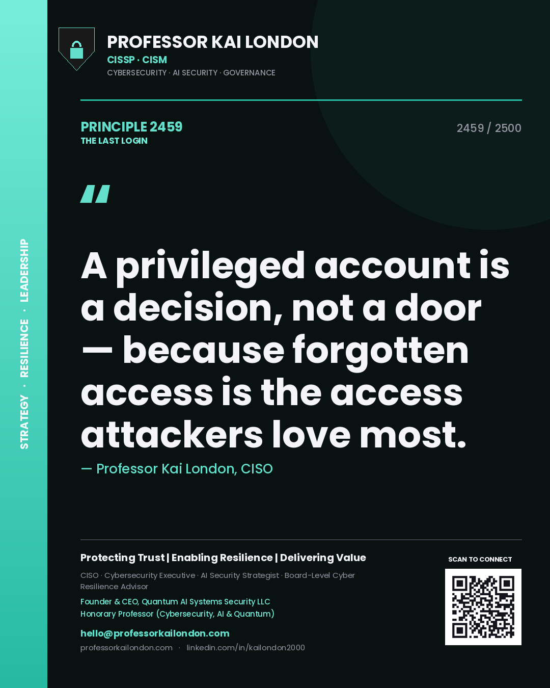 Professor Kai London principle 2459: A privileged account is a decision, not a door — because forgotten access is the access attackers love most.