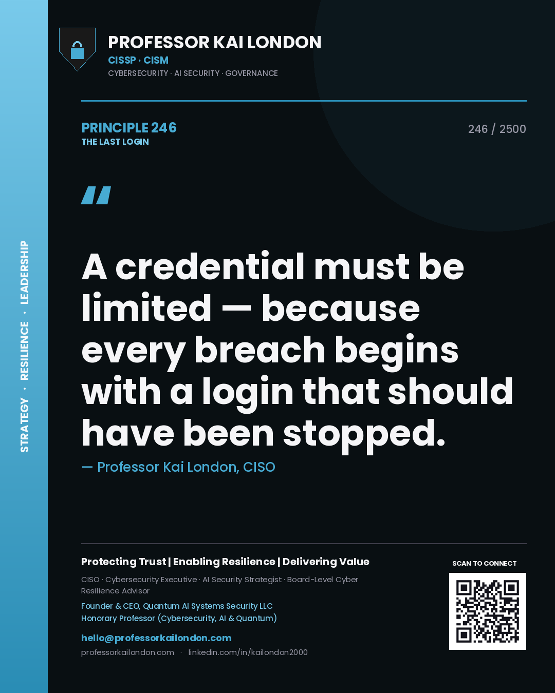 Quote card by Professor Kai London reading 'A credential must be limited — because every breach begins with a login that should have been stopped.'. From the book The Last Login.
