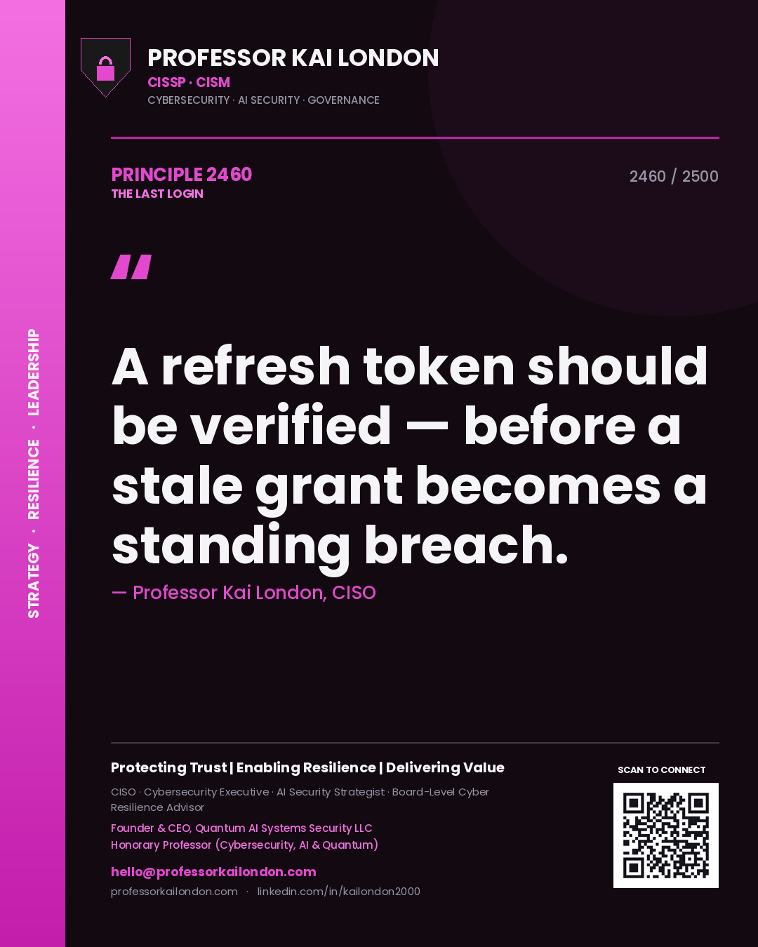 Professor Kai London principle 2460: A refresh token should be verified — before a stale grant becomes a standing breach.