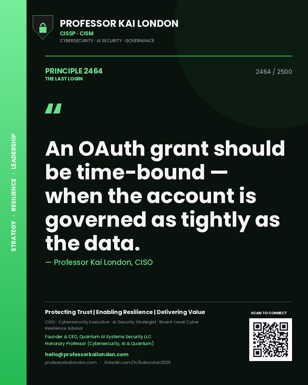 Quote card by Professor Kai London reading 'An OAuth grant should be time-bound — when the account is governed as tightly as the data.'. From the book The Last Login.