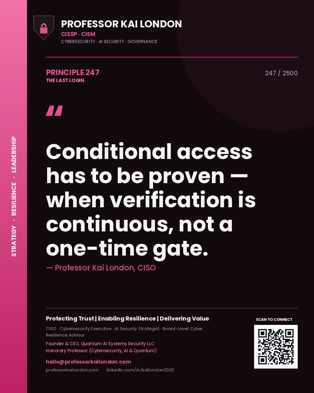 Professor Kai London principle 247: Conditional access has to be proven — when verification is continuous, not a one-time gate.