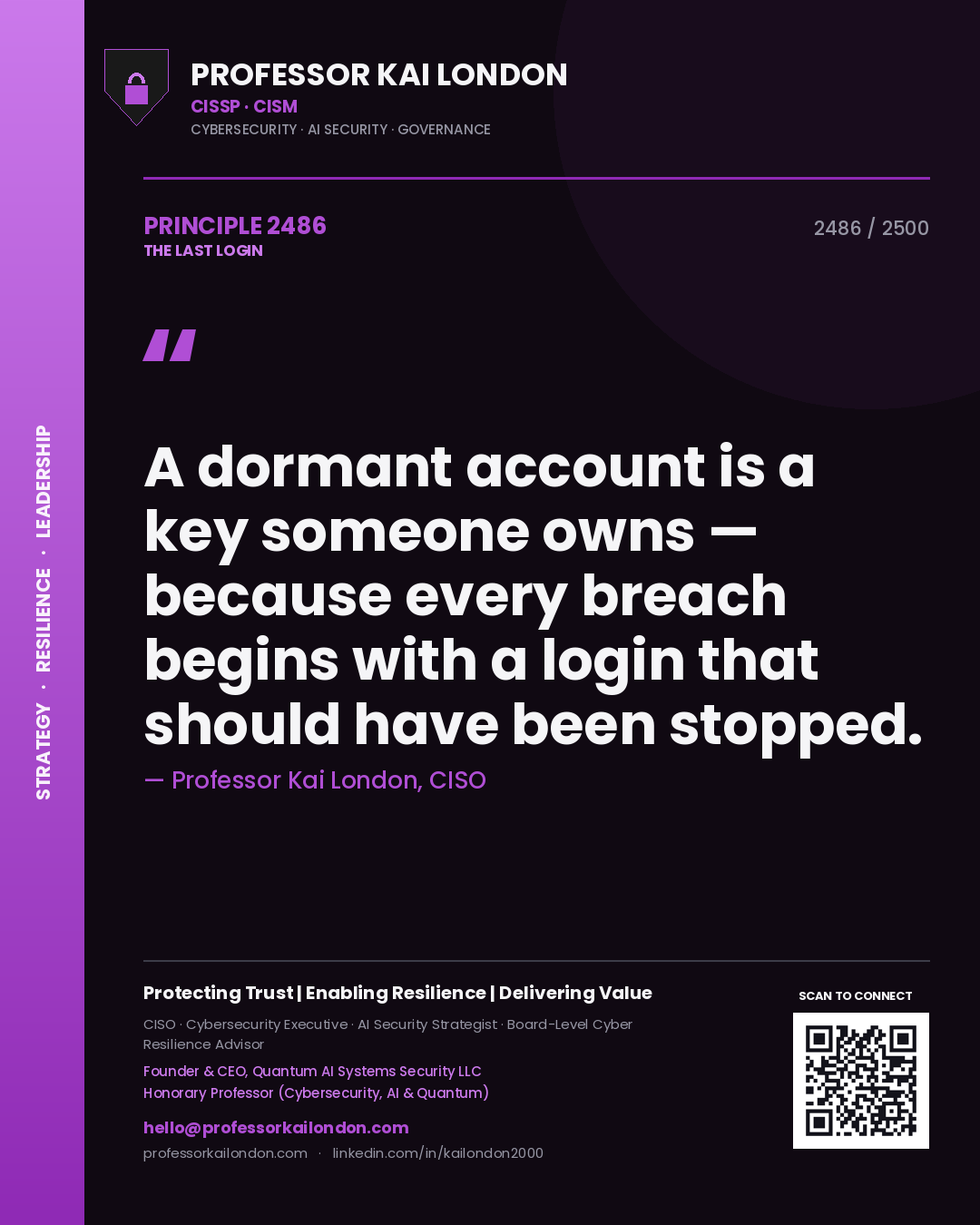 Professor Kai London principle 2486: A dormant account is a key someone owns — because every breach begins with a login that should have been stopped.