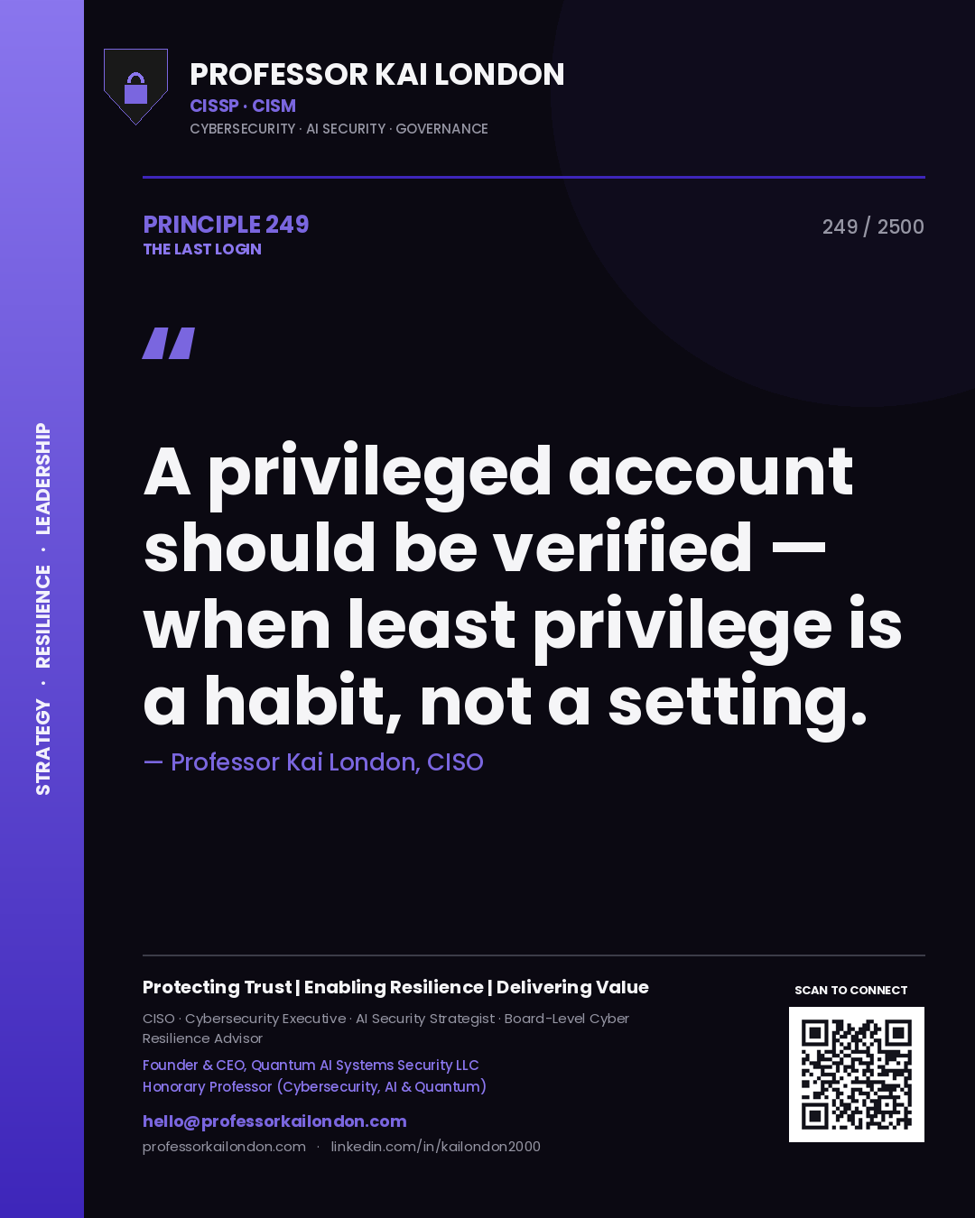 Quote card by Professor Kai London reading 'A privileged account should be verified — when least privilege is a habit, not a setting.'. From the book The Last Login.