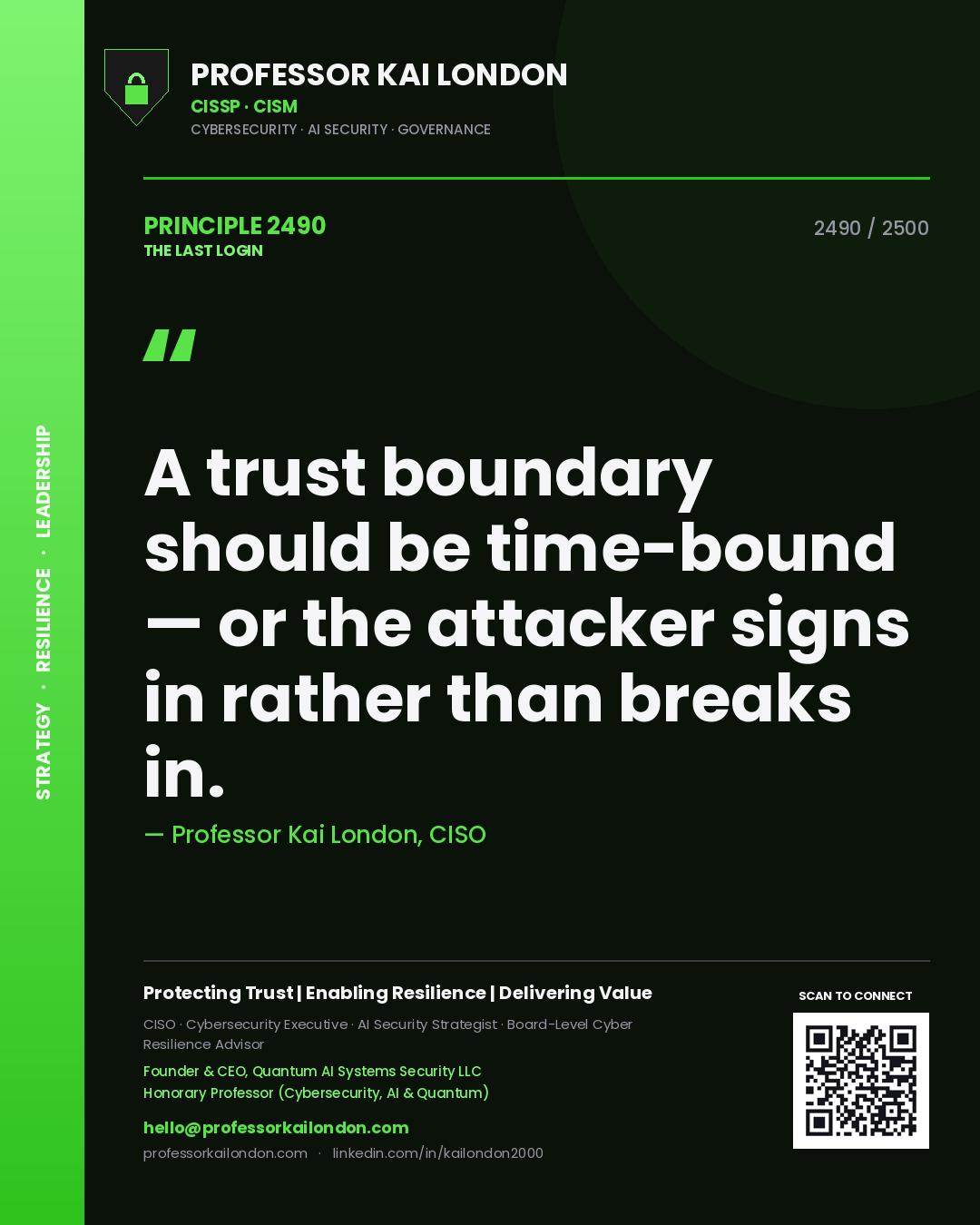 Quote card by Professor Kai London reading 'A trust boundary should be time-bound — or the attacker signs in rather than breaks in.'. From the book The Last Login.