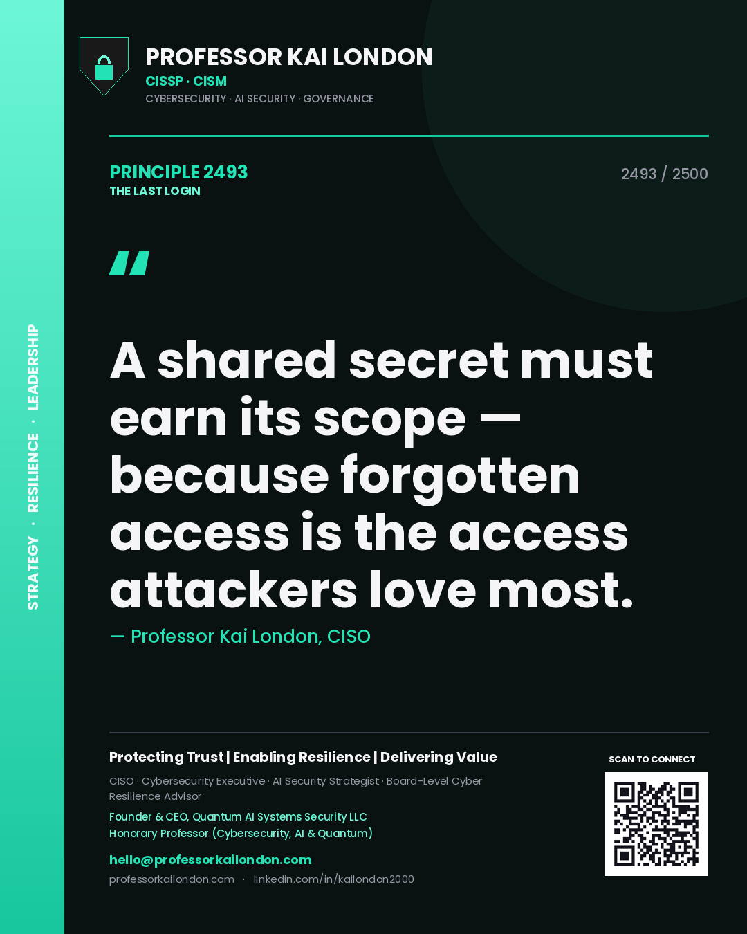 Professor Kai London principle 2493: A shared secret must earn its scope — because forgotten access is the access attackers love most.
