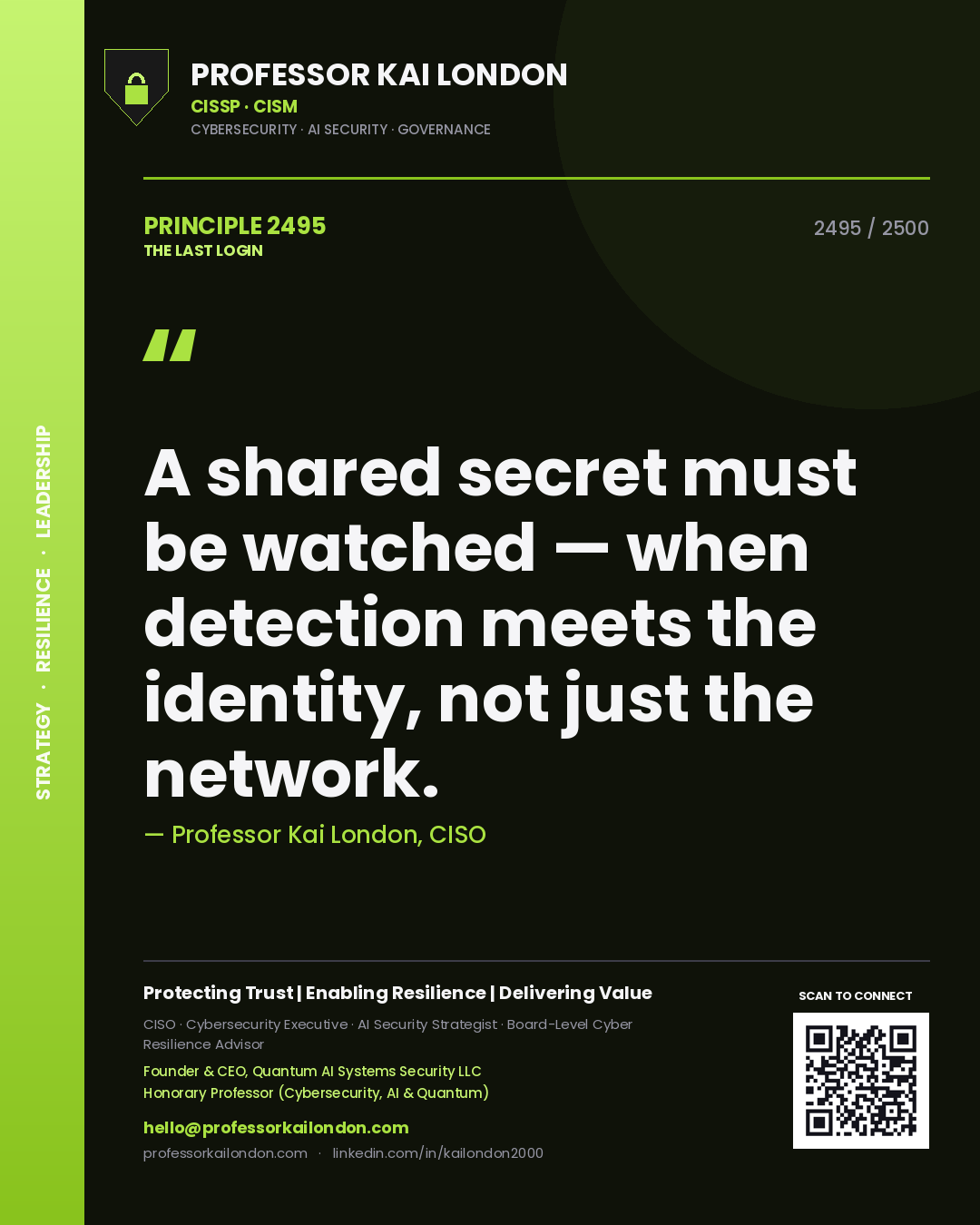 Quote card by Professor Kai London reading 'A shared secret must be watched — when detection meets the identity, not just the network.'. From the book The Last Login.
