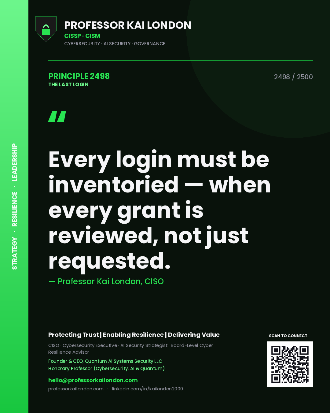 Quote card by Professor Kai London reading 'Every login must be inventoried — when every grant is reviewed, not just requested.'. From the book The Last Login.
