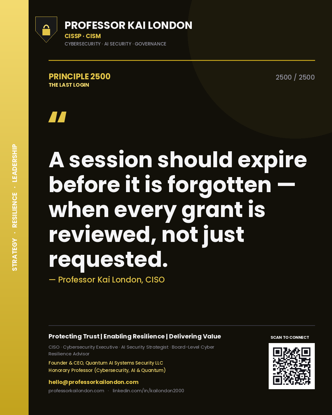 Professor Kai London principle 2500: A session should expire before it is forgotten — when every grant is reviewed, not just requested.