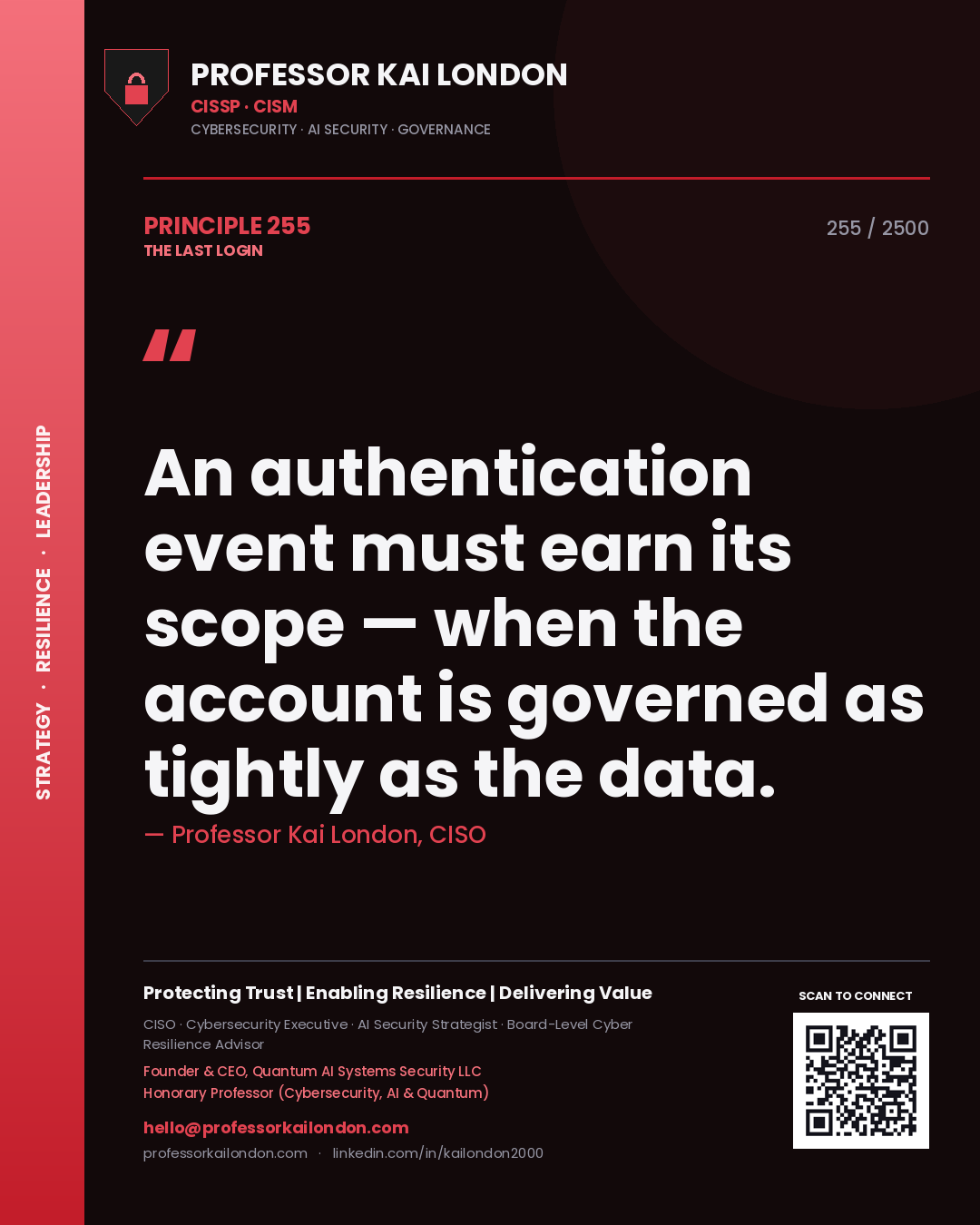 Quote card by Professor Kai London reading 'An authentication event must earn its scope — when the account is governed as tightly as the data.'. From the book The Last Login.